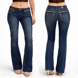 D. Jeans Y2K Studded Flare Jeans Mid Rise Dark Wash 27 Waist Boho Indie Sleaze